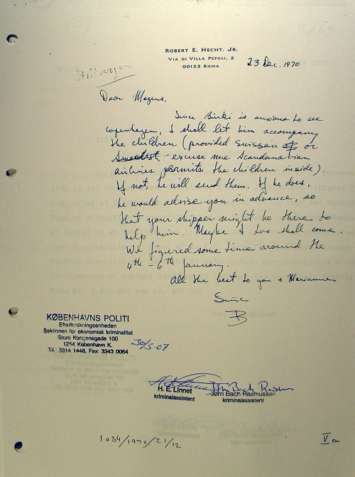 A 1970 letter from Hecht to Mogens Gjødesen discusses sending "the children" to Copenhagen.